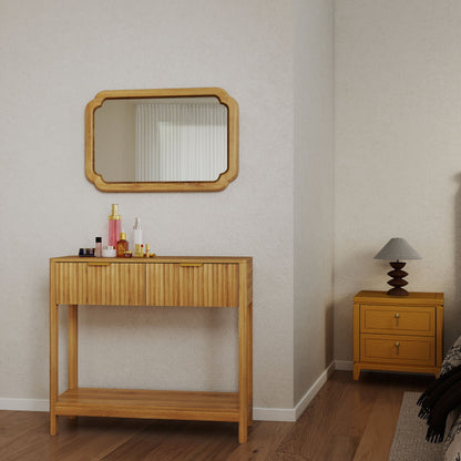 Mid-Century Modern Fluted Console Table With 2 Drawers & Open Shelf, Oak Finish Narrow Entryway Table, Slim Sofa Table For Hallway, Living Room, Small Spaces, Easy Assembly