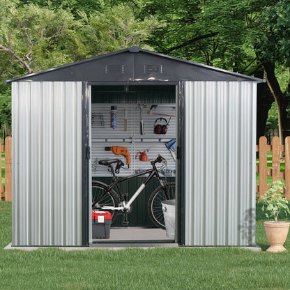 8Ft X 4Ft Outdoor Metal Storage Shed With Window And Metal Foundation For Backyard, Patio, Lawn
