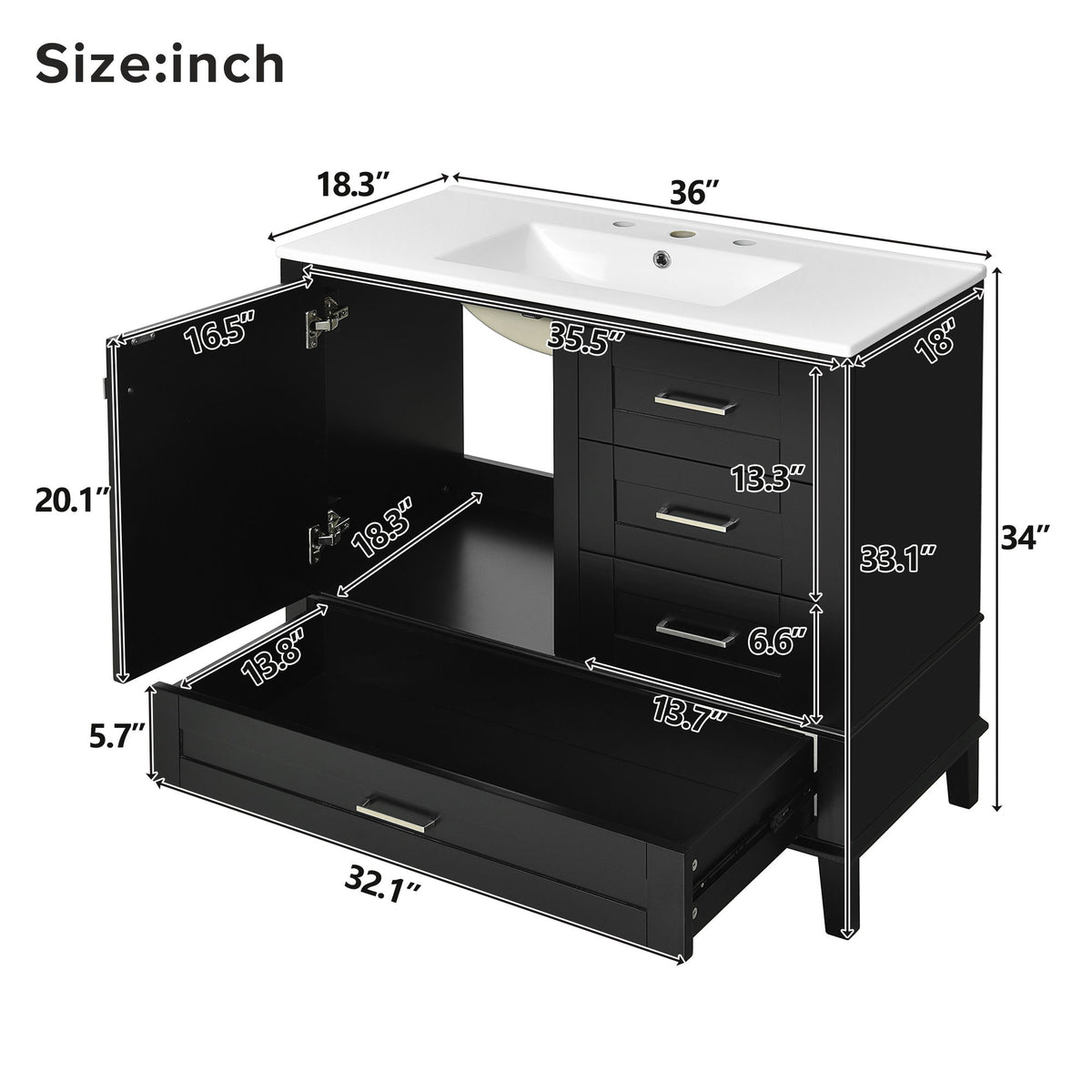 Bathroom Vanity, Modern Bathroom Cabinet With Sink Combo Set, Bathroom Storage Cabinet With A Soft Closing Door And 3 Drawers, Solid Wood Frame
