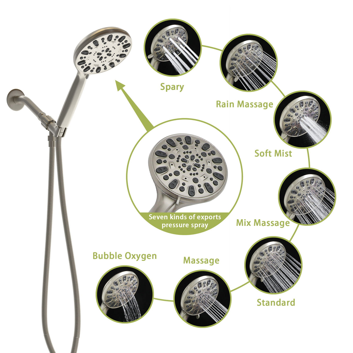 Multi Function Adjustable Hand Shower 7 Function Hand Shower, Wall Mounted - Brushed Nickel