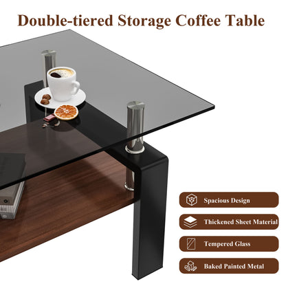 Modern Rectangular Coffee Table With Tempered Transparent Glass Top And Storage Shelf