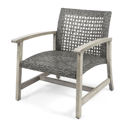 Outdoor Club Chair With Rattan Cover And Acacia Wood Frame - Gray / Black