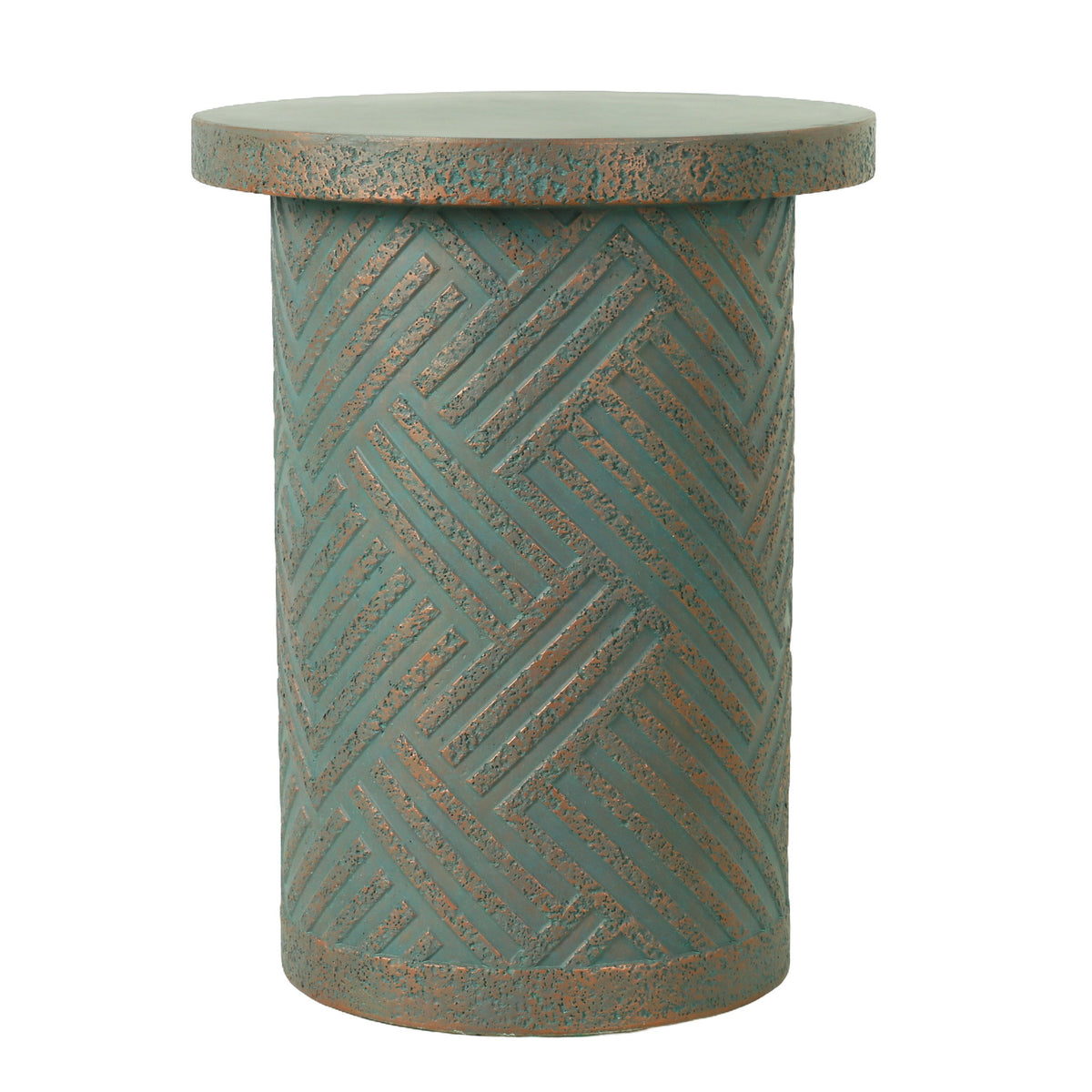Round Outdoor End Table With Tree Stump Design For Patio - Golden / Green / Peacock