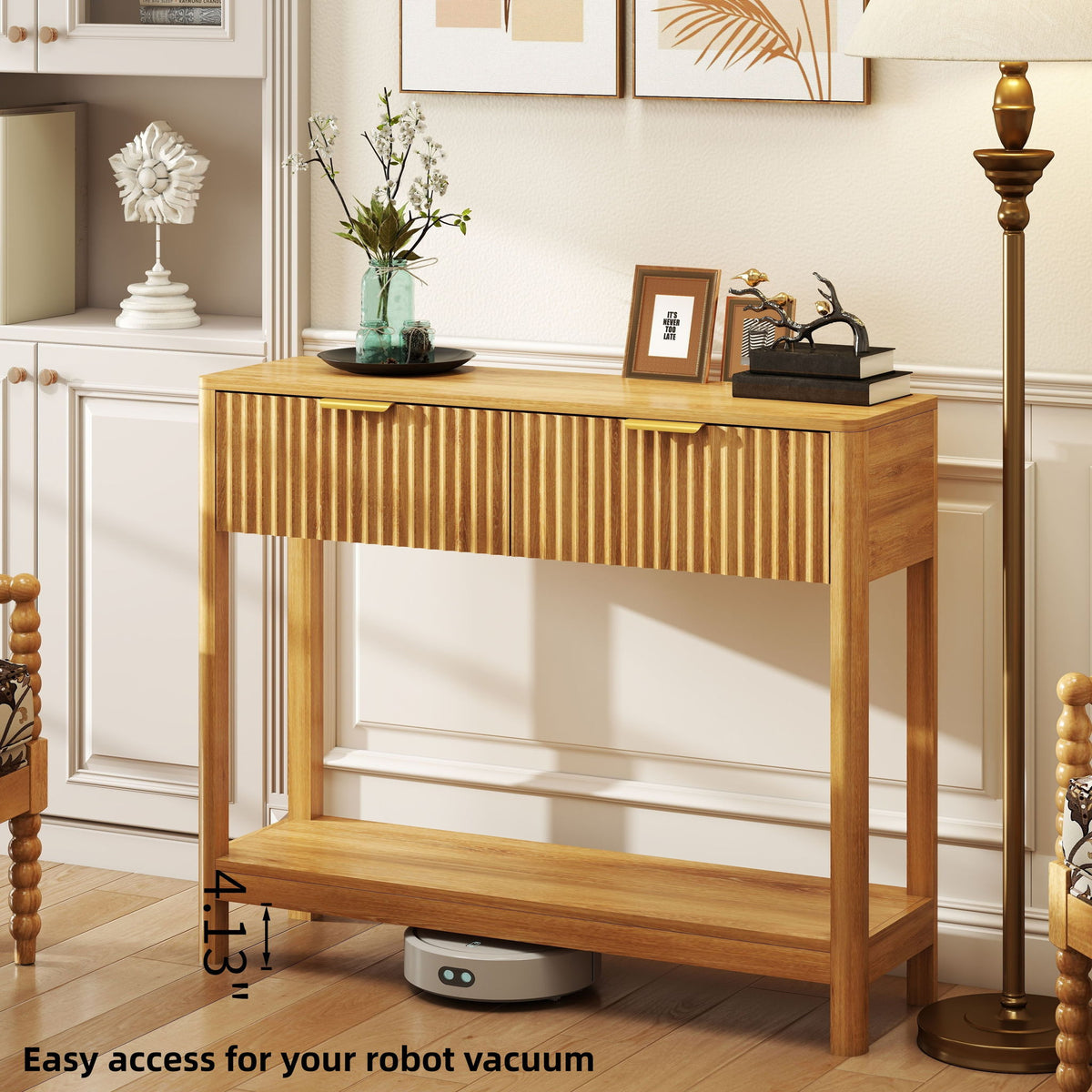 Mid-Century Modern Fluted Console Table With 2 Drawers & Open Shelf, Oak Finish Narrow Entryway Table, Slim Sofa Table For Hallway, Living Room, Small Spaces, Easy Assembly
