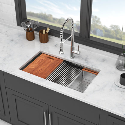 33" Undermount Kitchen Sink Single Bowl Ledge Workstation In 16 Gauge Stainless Steel - Brushed Nickel