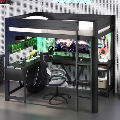 Gaming Loft Bed With Desk, Storage Shelves, LED And Charging Station