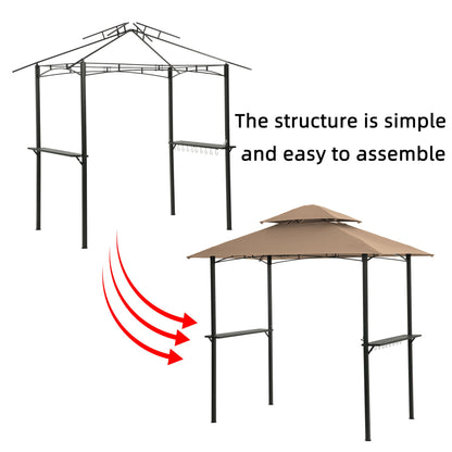 Outdoor Grill Gazebo 8 X 5 Ft With Double Tier Soft Top Canopy, Steel Frame, Bar Counters & Hook Metal - Khaki
