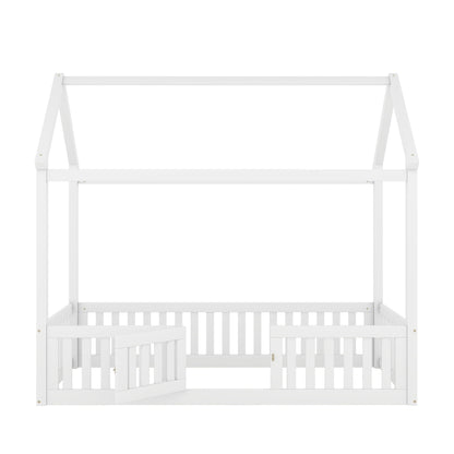 Wood House Bed With Fence And Door