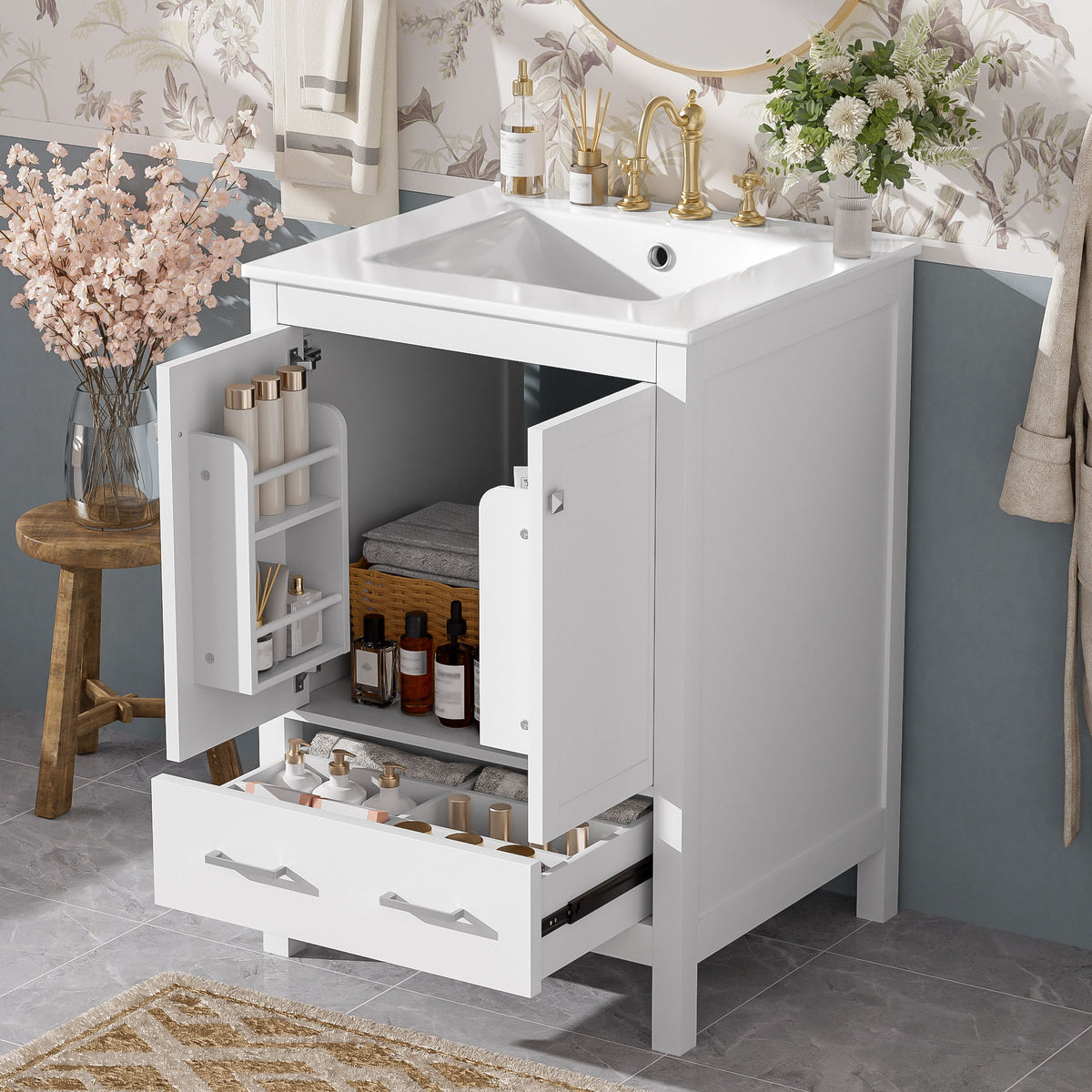 Bathroom Vanity With Integrated Undermount Ceramic Sink, 2 Doors And 1 Drawer, Soft Close Hinges