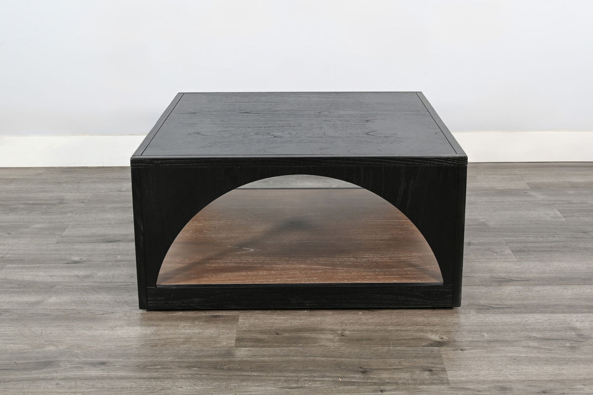 Modern Wood Coffee Table With Arched Open Shelf Design And Casters - Umbra / Oak Grove