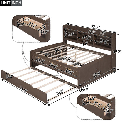 Captain Bed With Built In Bookshelves, 3 Storage Drawers, And Trundle