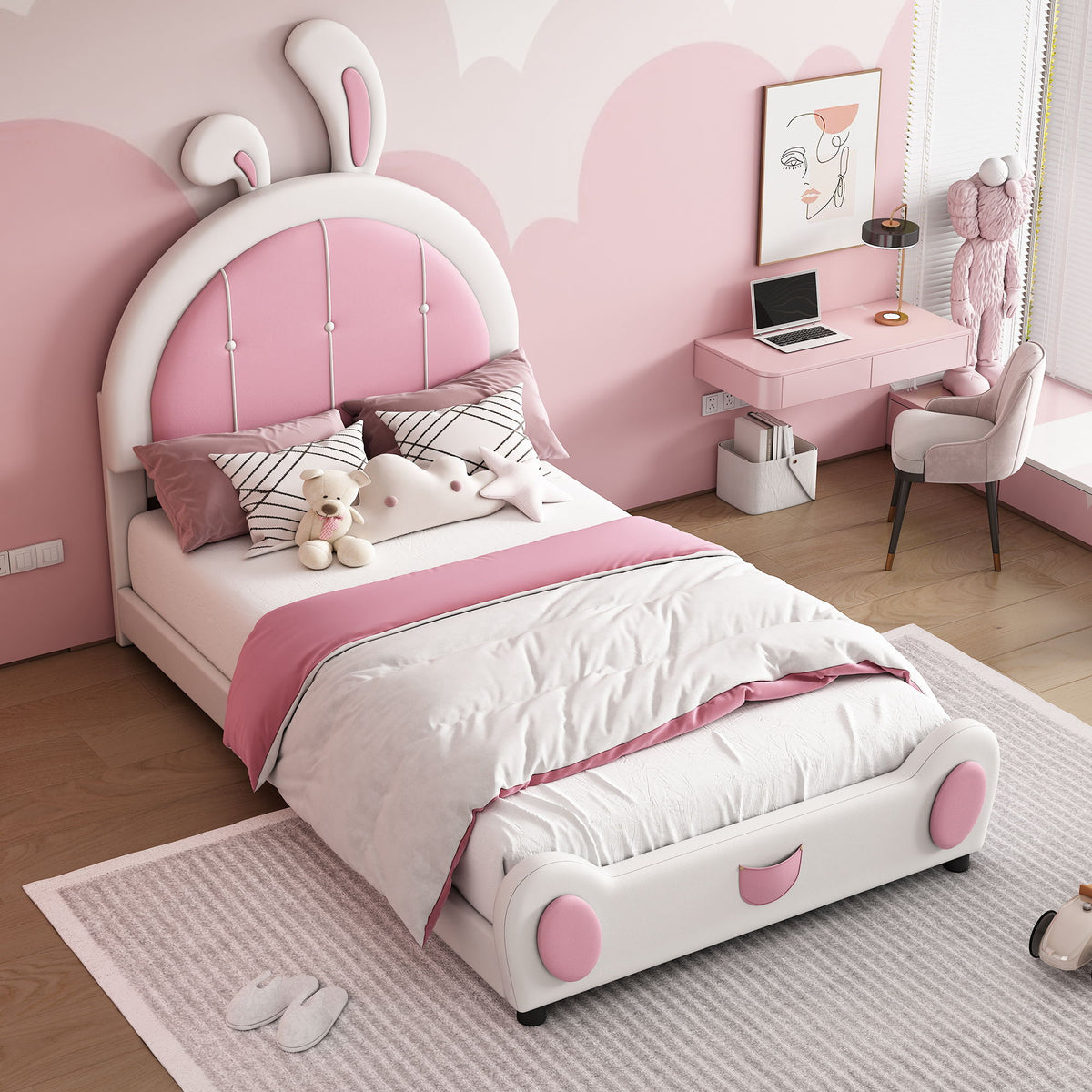 Upholstered Platform Bed With Rabbit Shaped Headboard