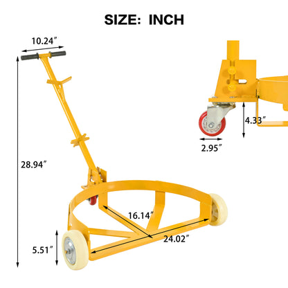 Steel Drum Dolly 55 Gallon Capacity Oil Barrel Mover With Wheels Low Profile Caddy - Yellow