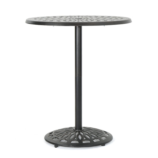 Elegant Cast Aluminum Round Bar Table With Romantic Filigree Design - Copper