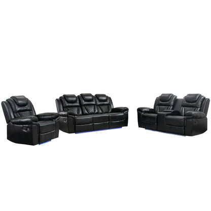 3 Pieces Recliner Sofa Sets Home Theater Seating Manual Recliner Chair With Center Console And LED Light Strip For Living Room