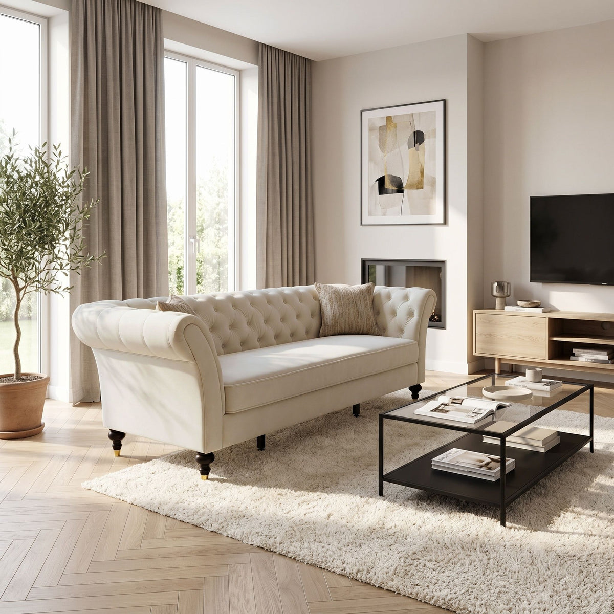 Chesterfield Sofa, 3 Seat Couch With Deep Button Tufted Back, Rolled Arms