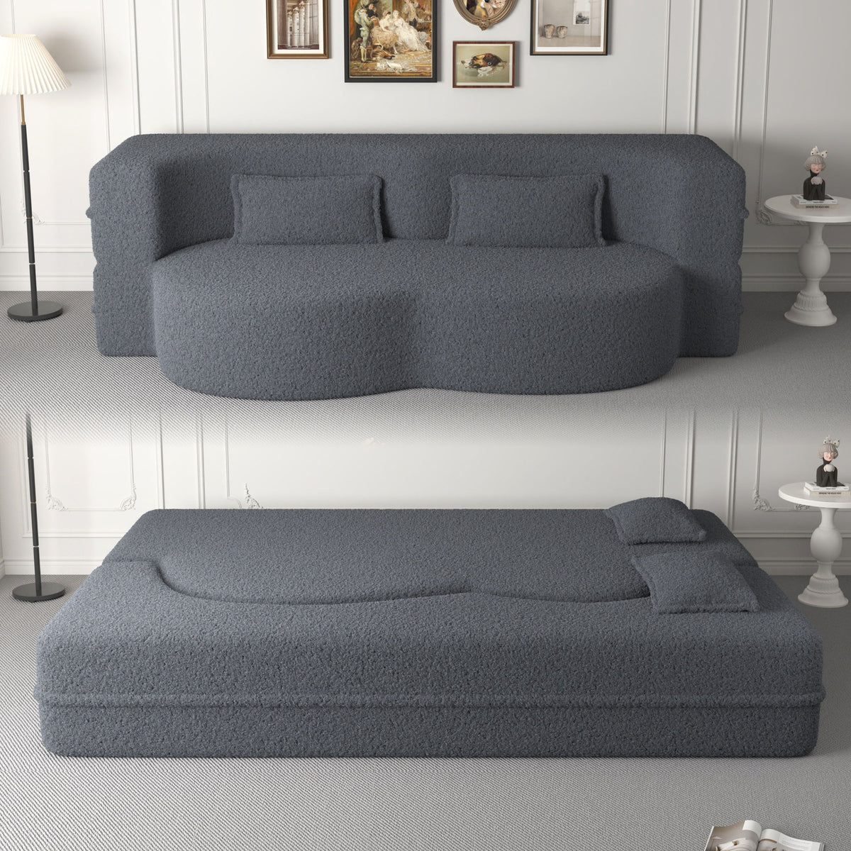 Modern Floor Sofa, With 2 Pillows, Convertible Teddy Fabric Foam Filled Bed