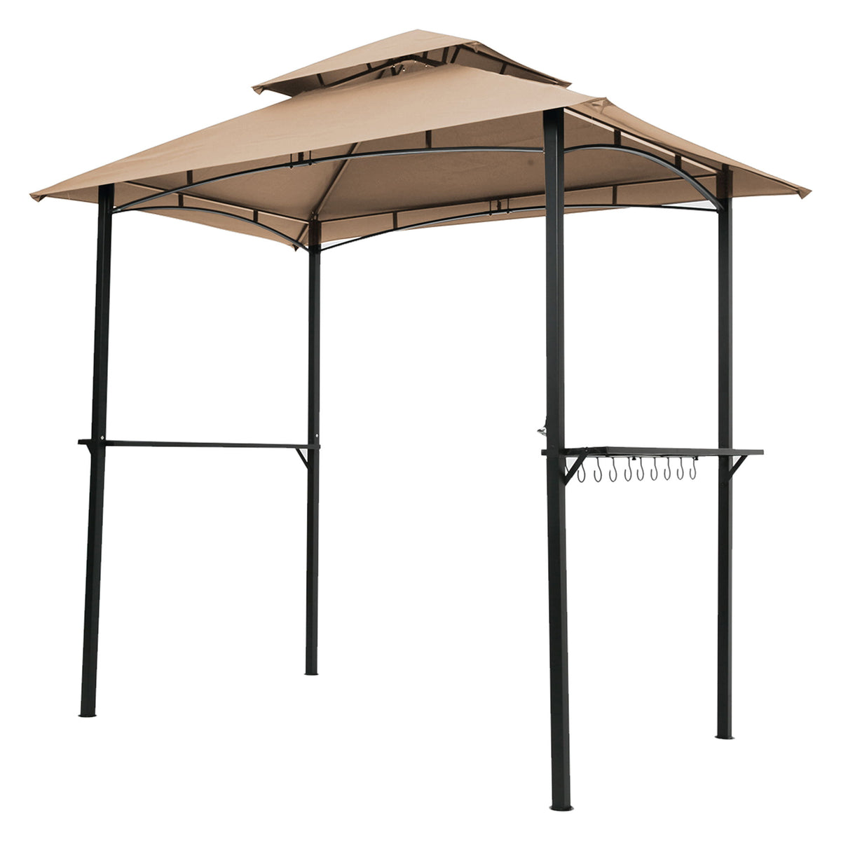 Outdoor Grill Gazebo 8 X 5 Ft With Double Tier Soft Top Canopy, Steel Frame, Bar Counters & Hook Metal - Khaki