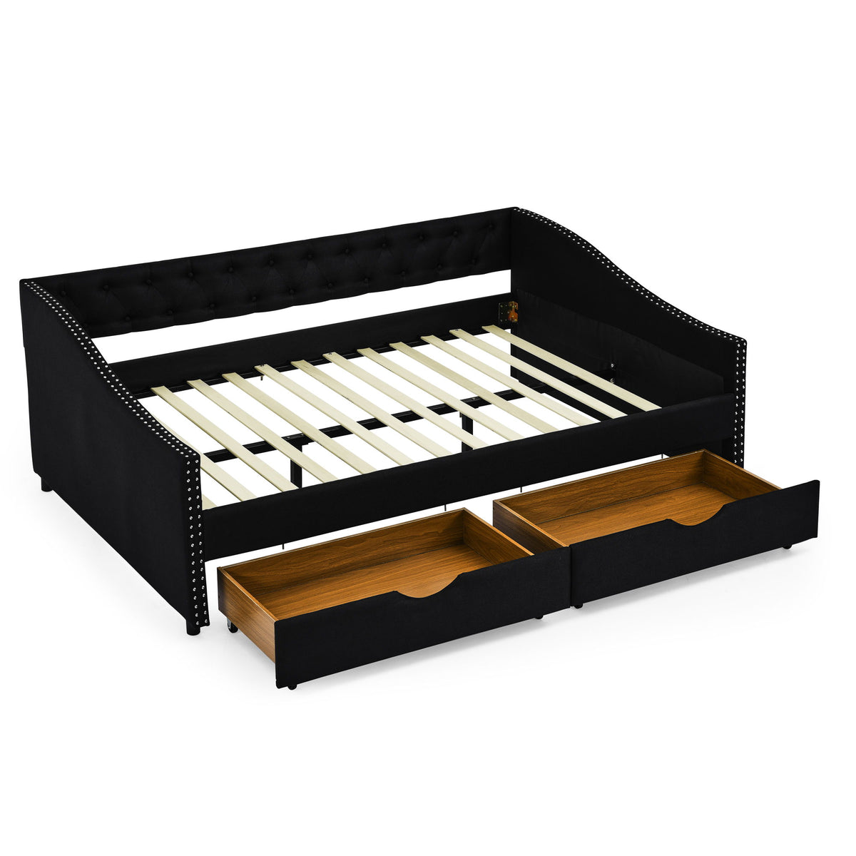 Upholstered Tufted Daybed With 2 Drawers, Waved Arms