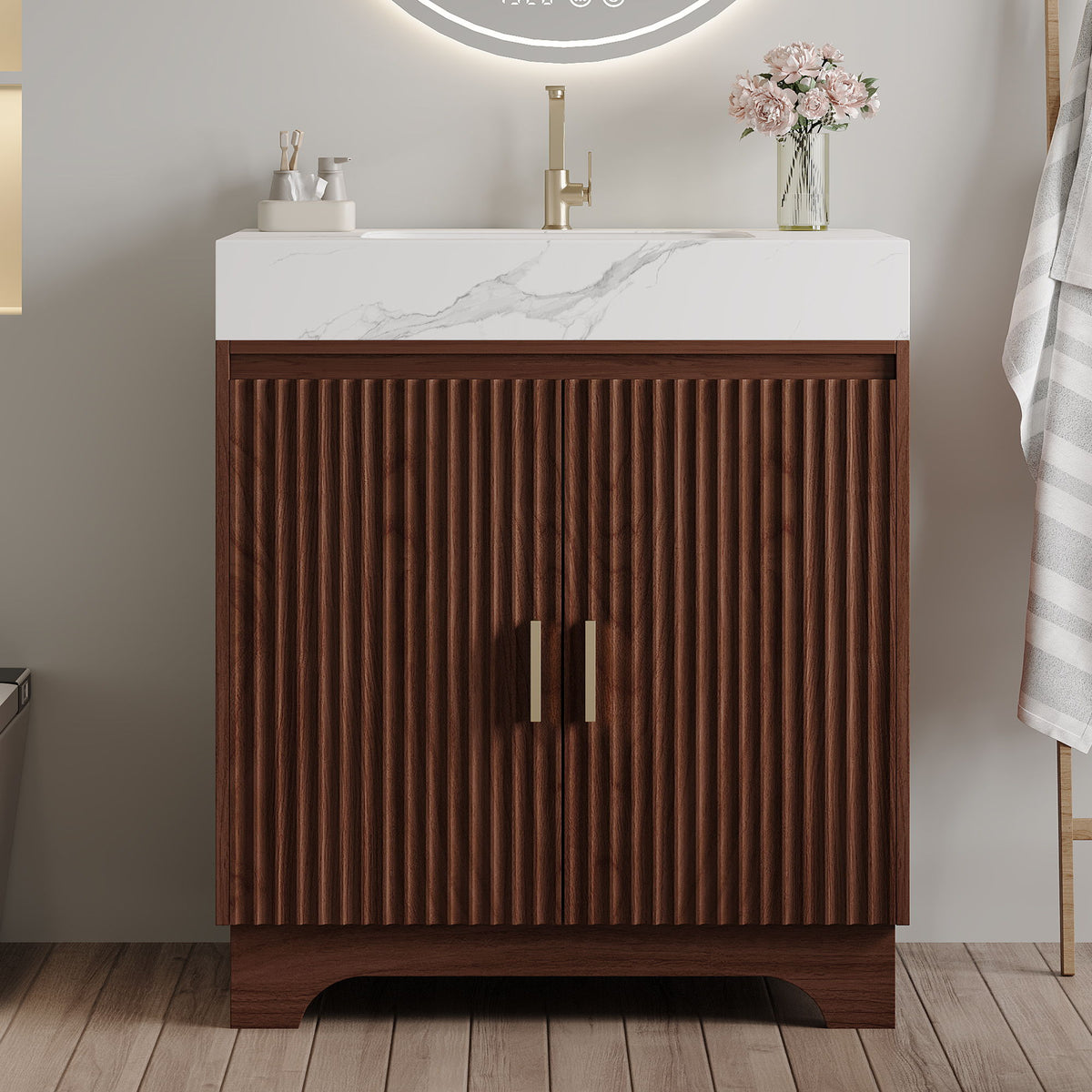 Freestanding Bathroom Vanity With Sink - Walnut / White