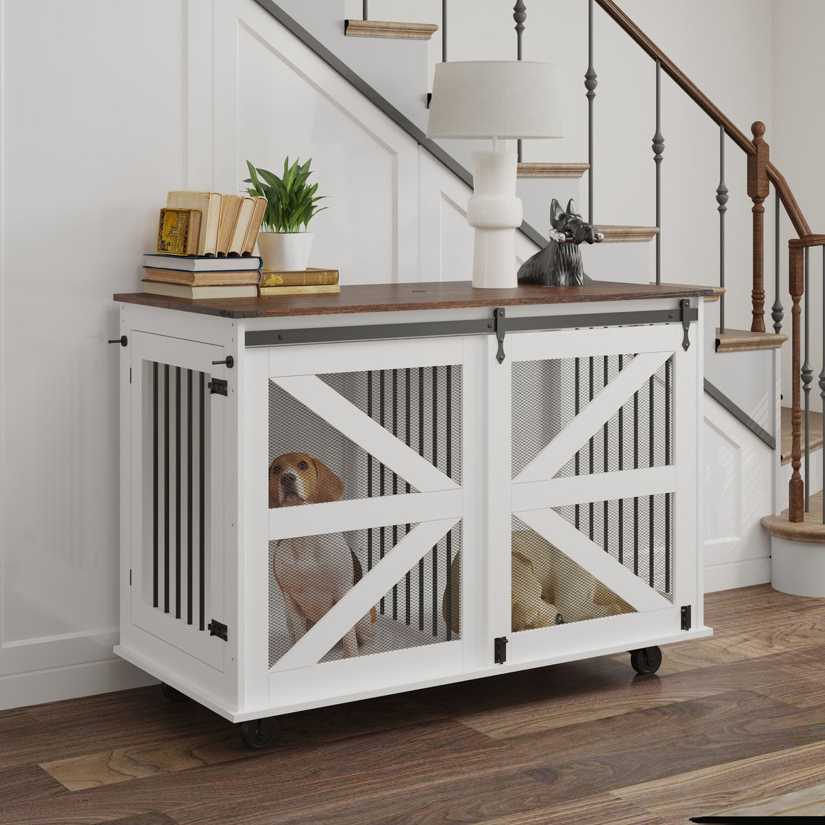 Mobile Dog Crate With Flip Top Feeding Door, Dual Access & 5 Caster System (2 Locking) - Brown White