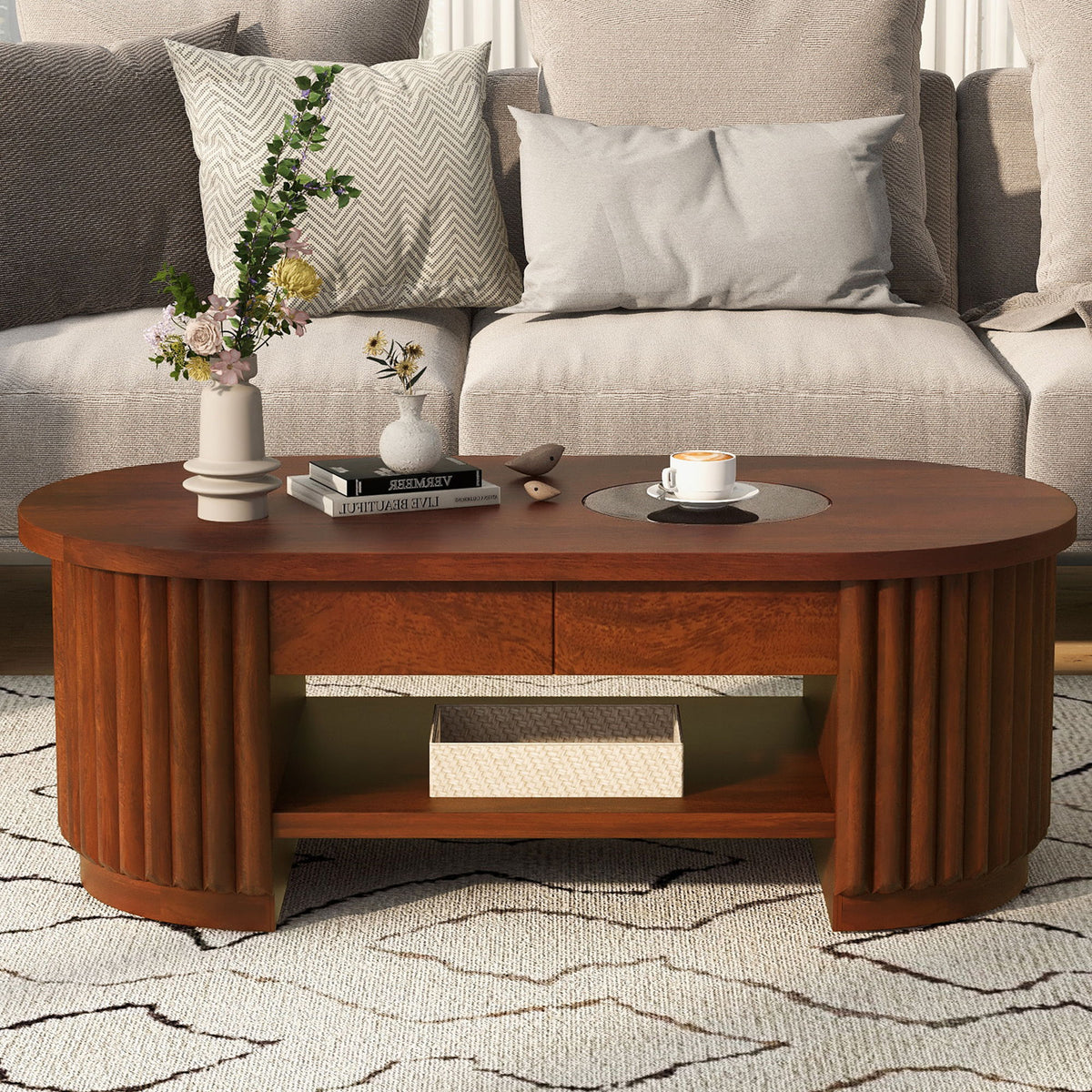 Fluted Oval Coffee Table With Drawers, 2 Tier Cocktail Table