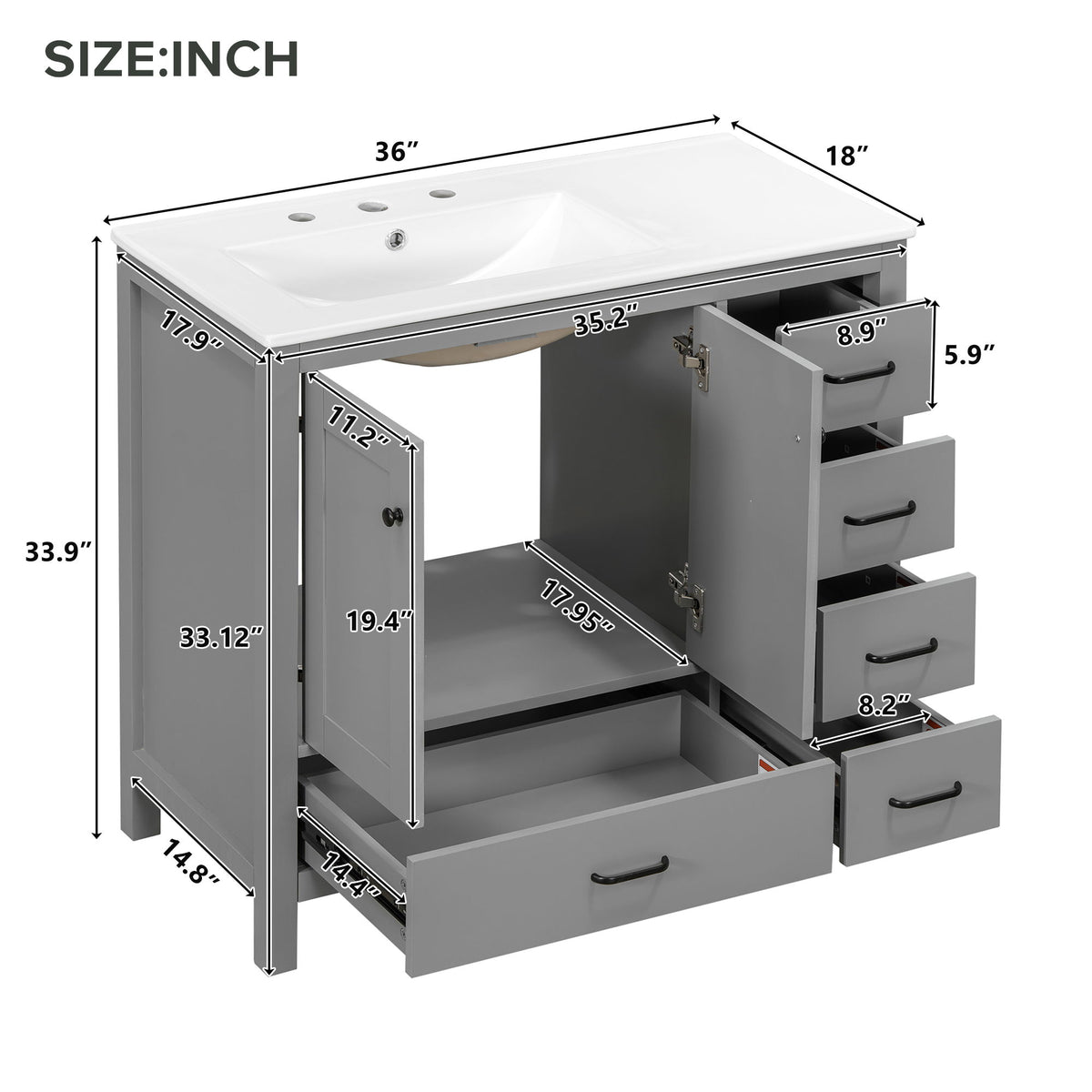 Bathroom Vanity With Ceramic Sink Combo, Abundant Storage Cabinet 2 Soft Close Doors And 5 Drawers