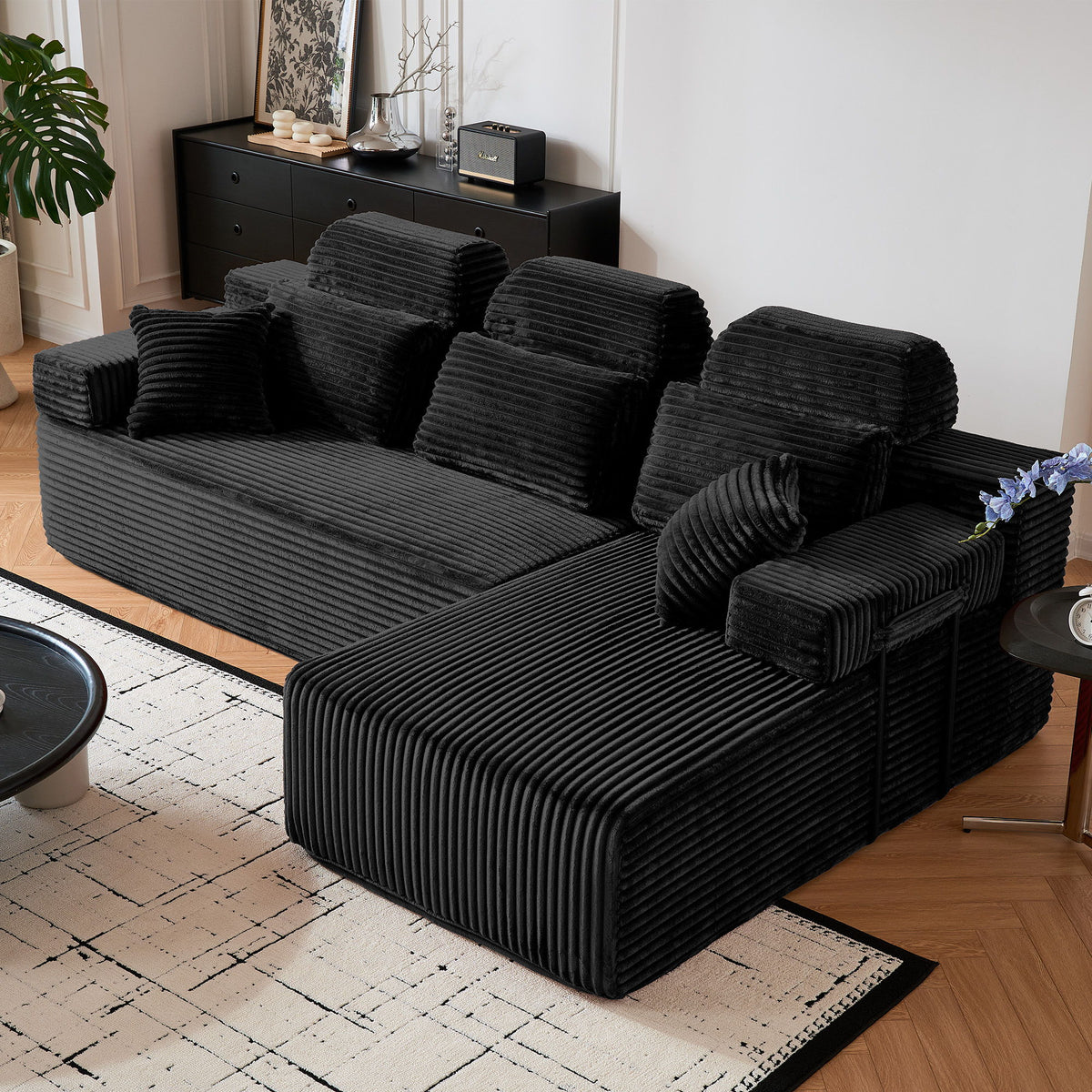 Sectional Sleeper Sofa & Storage Pockets, Modular Couch With Throw Pillows For Living Room
