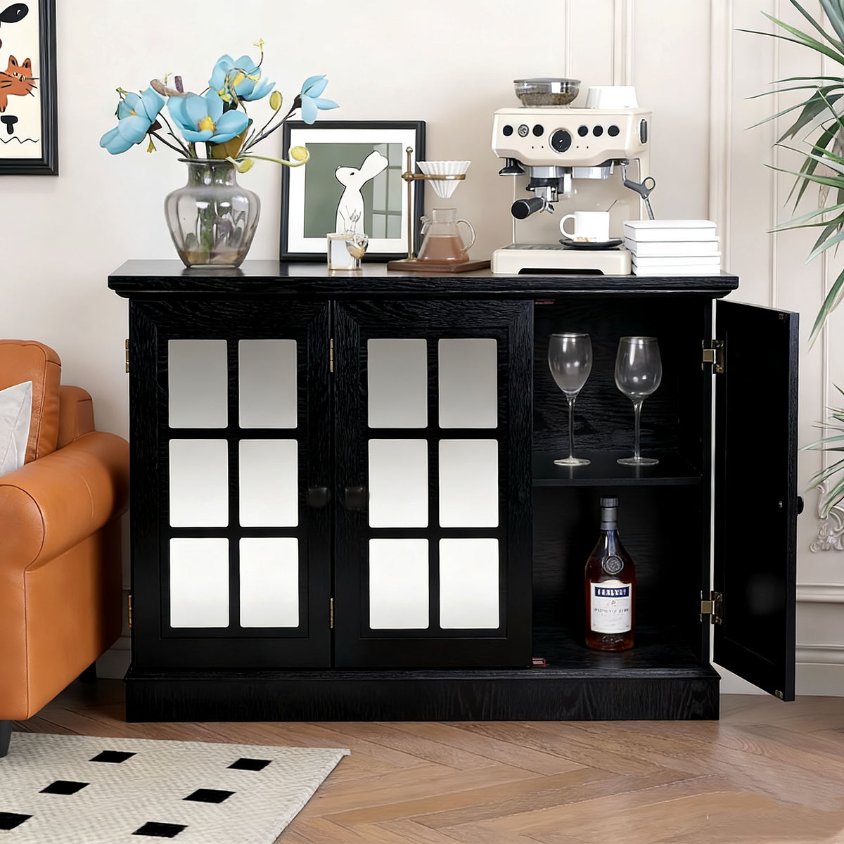 Storage Cabinet With 3 Mirrored Acrylic Doors, Adjustable Shelves