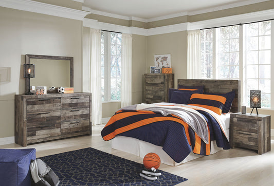 Derekson - 5 Pc. - Full Panel Headboard with Bolt on Bed Frame, Dresser, Mirror, Chest, Nightstand - Multi Gray