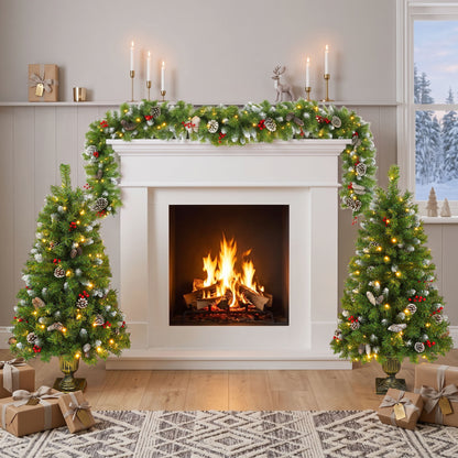 Pre Lit Artificial Christmas Tree Set With LED Lights, 3 Piece Garland And Entrance Trees, Warm Lighting, Indoor Use Only - Green