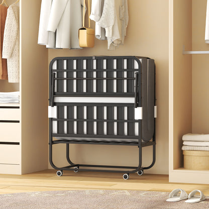 Twin Folding Bed With Adjustable Headboard, Memory Foam For Tall People, Heavy-Duty Portable On Wheels, Easy Assembly - Black