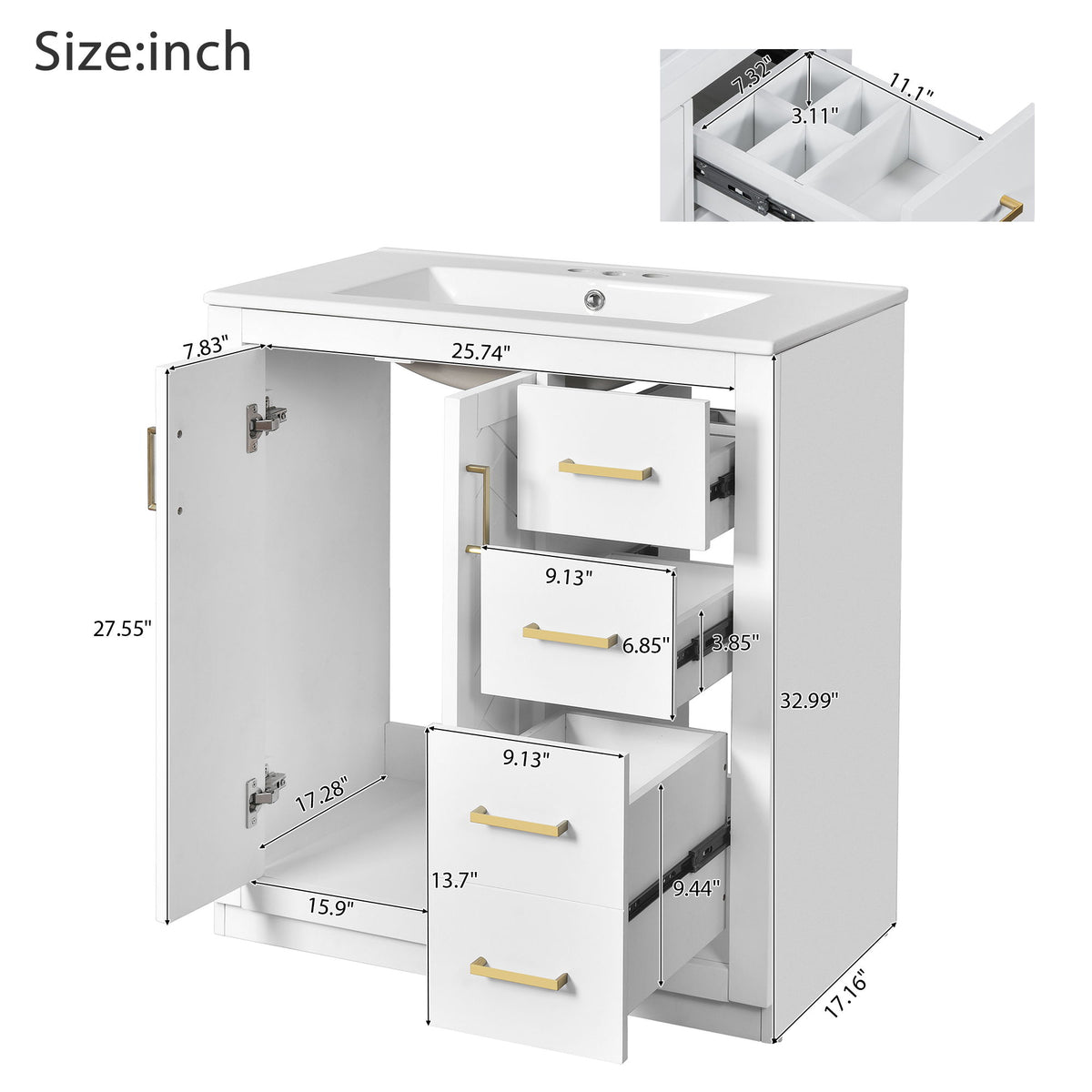 Bathroom Vanity With Sink, Storage Cabinet, Freestanding Set With 3 Drawers & Soft Closing Doors
