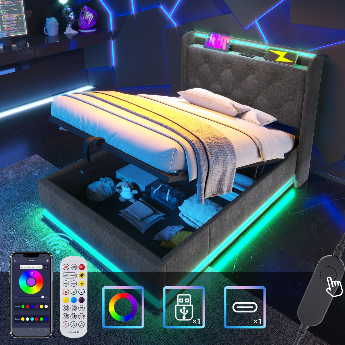 Upholstered Bed, 360 Surround LED Function, Remote Control, Hydraulic Storage Bed With USB, Type-C Charging (Without Mattress)