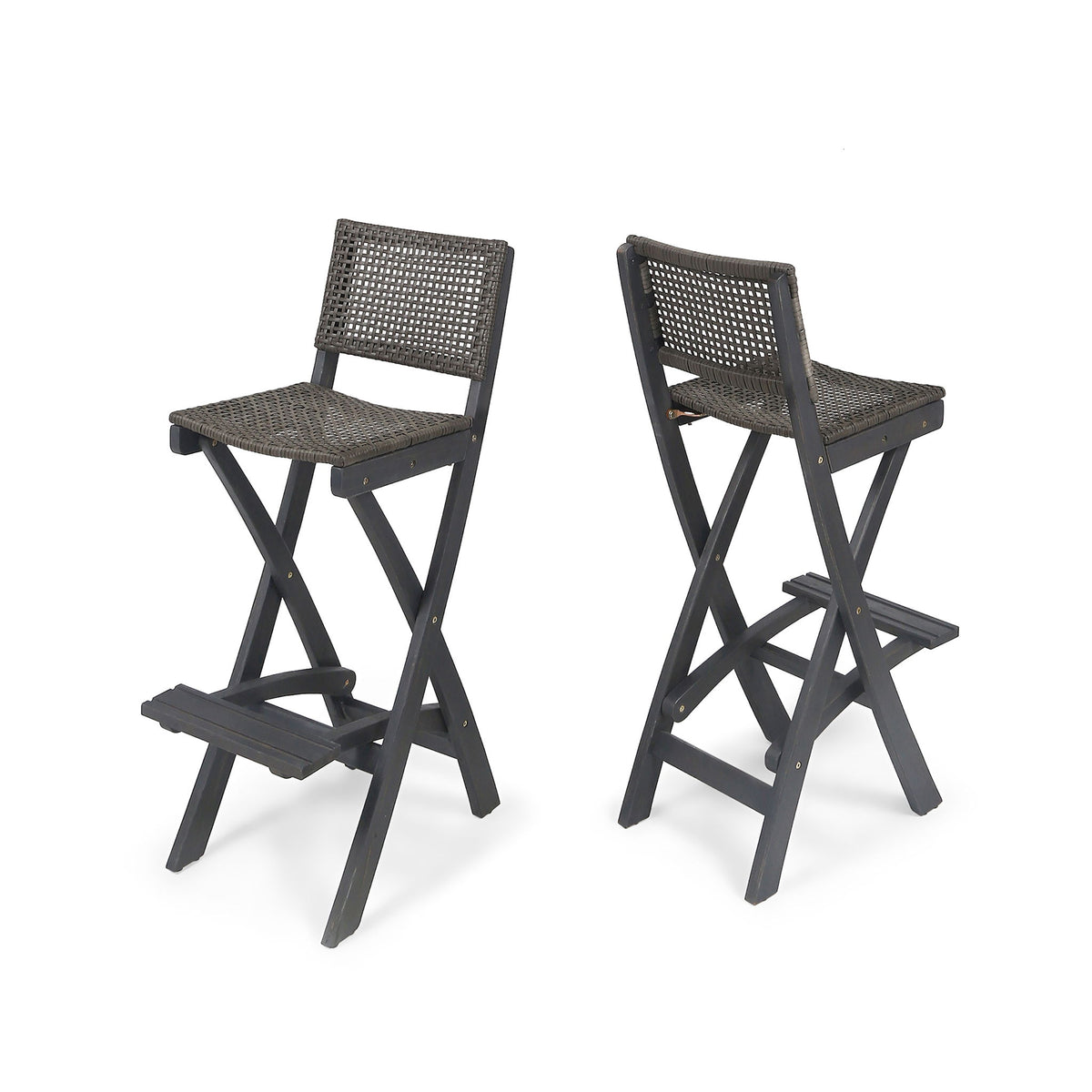 Outdoor Folding Acacia Wood Barstools With Rattan Backrest And Seat