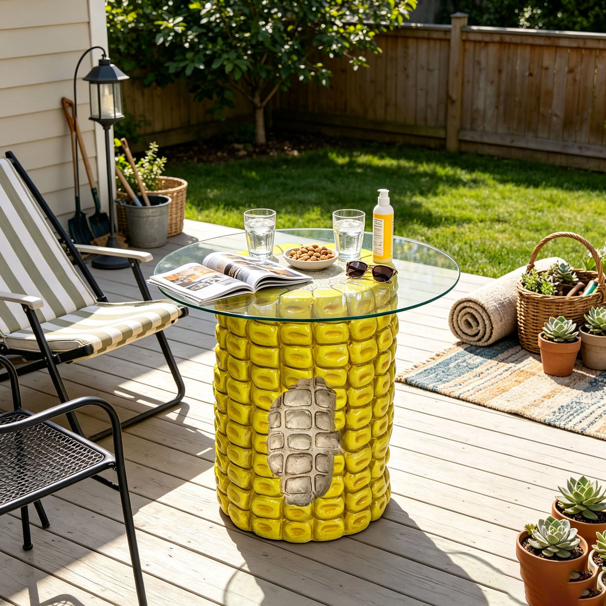 Whimsical Corn Cob Side Table With Glass Top, Accent Furniture For Indoor & Outdoor Use - Yellow