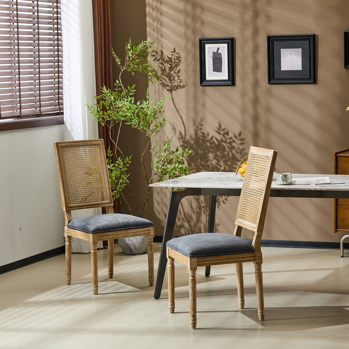 French Country Dining Chair With Rectangular Cane Backrest And Smooth Upholstered Seating