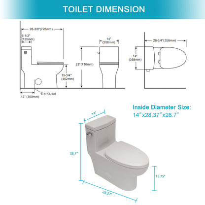 Modern Ceramic 1 Piece Toilet With Single Flush And Soft Closing Seat - White