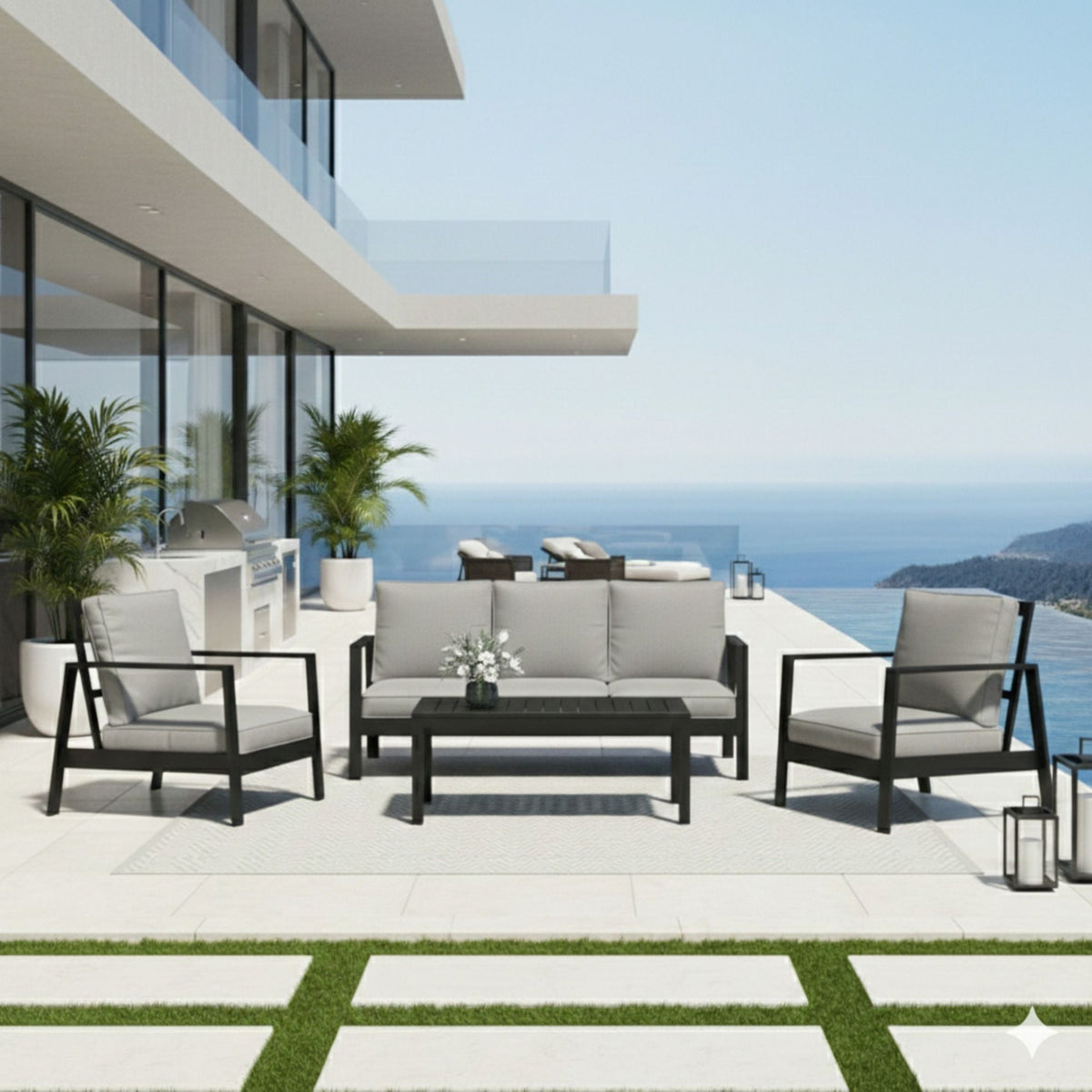 5 Seat Outdoor Patio Furniture Set, Thick Cushions & Coffee Table - Black / Gray