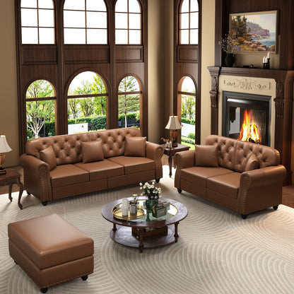 Upholstered Sofa With Nailhead Trim, Rolled Armrests With Ottoman