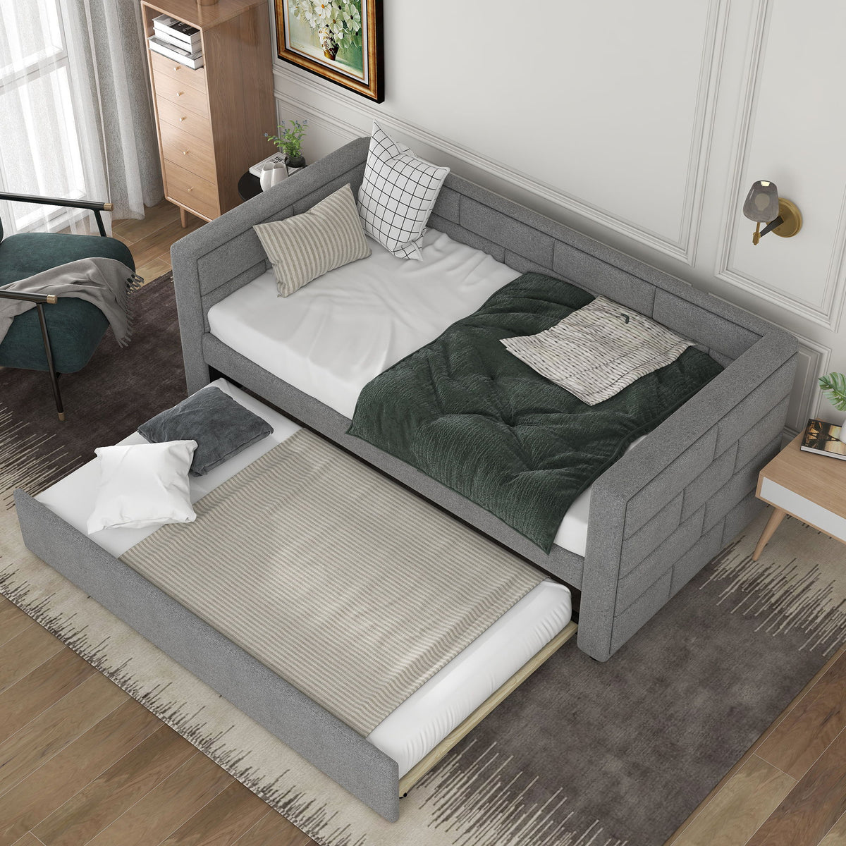 Upholstered Twin Size Daybed With Trundle, Padded Back And Sides - Gray