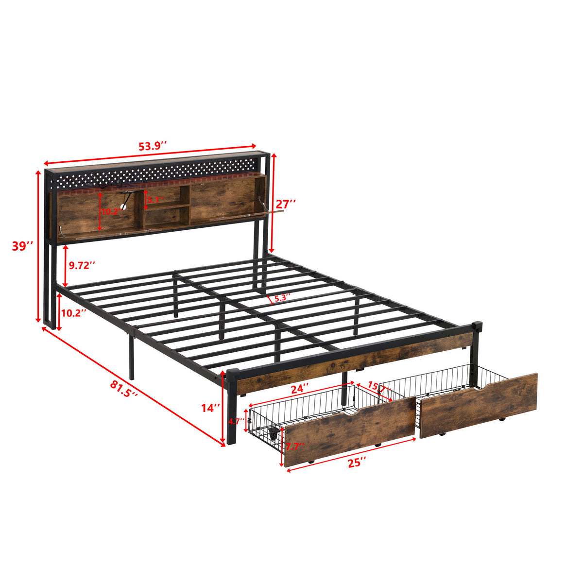 Modern Metal Platform Bed Frame With Wooden Headboard, USB Charging Station, Storage Drawers
