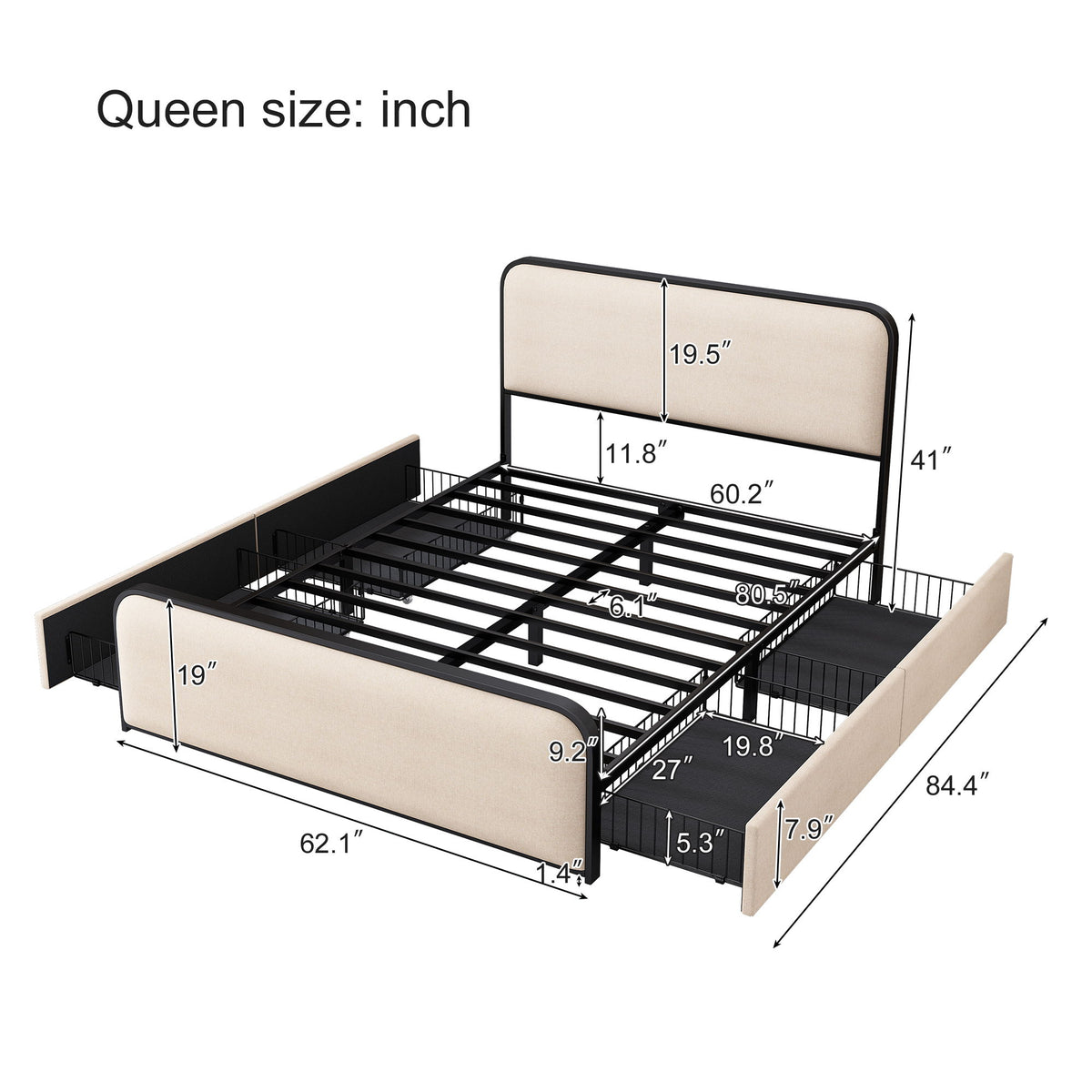 Modern Bed With Curved Upholstered Headboard And Footboard, Heavy Duty Metal Slats