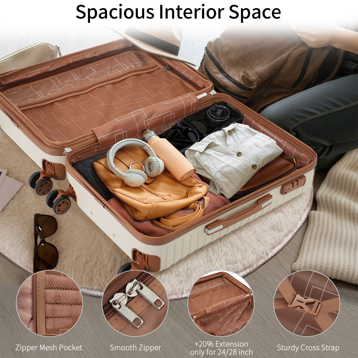 4 Piece Luggage Suitcase Set, Hard Shell Lightweight Expandable Travel Luggage With 4 Packing Cubes