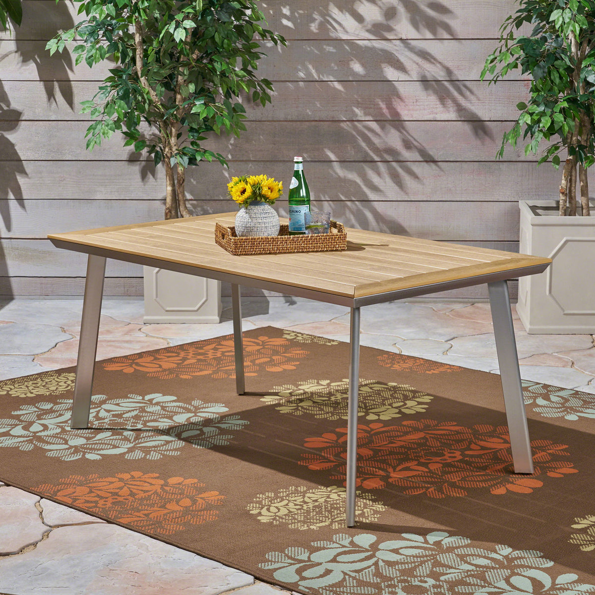 Outdoor Dining Table With Eucalyptus Wood Topped - Silver