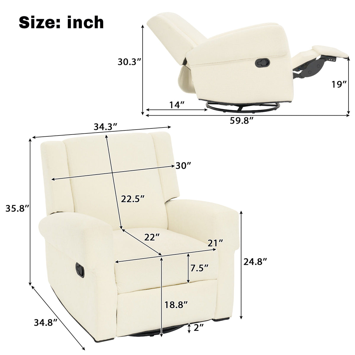 Manual Recliner Chair With Swivel Rocker Function, Dual Recline Angles