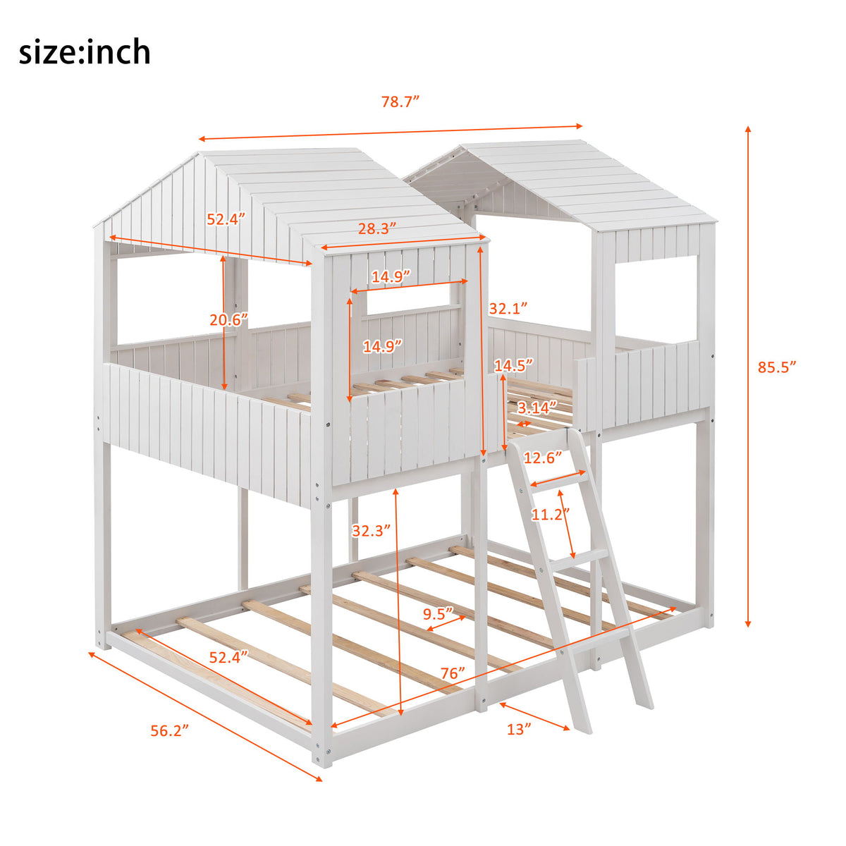 Bunk Bed With Roof, Window, Guardrail, Ladder