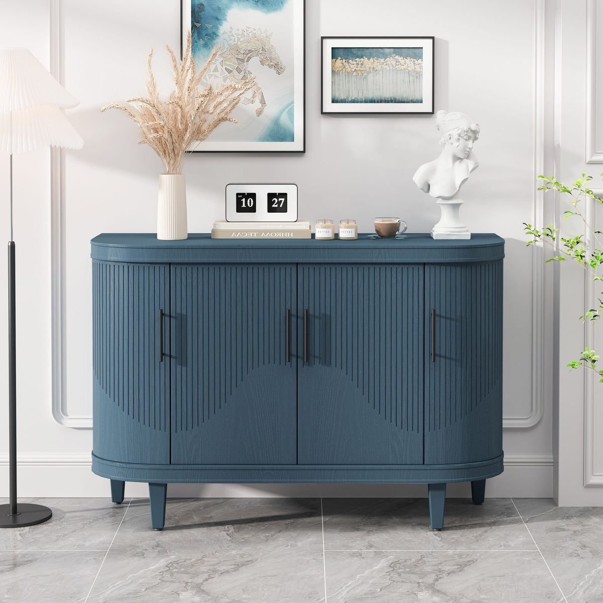 Curved Sideboard Wooden Console Table With 4 Doors And Adjustable Shelves For Living Room - Blue