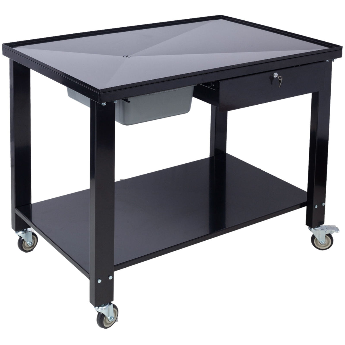Transmission Teardown Work Station 1 / 2 Ton Capacity Sloping Drain Table Locking Drawer Removable Drain Basin Full-Width Lower Shelf Four 4" Caster Wheels