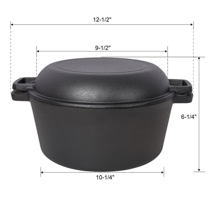 2 In 1 Pre-Seasoned Cast I Dutch Oven With Dual Handles, 5 Quart - Black